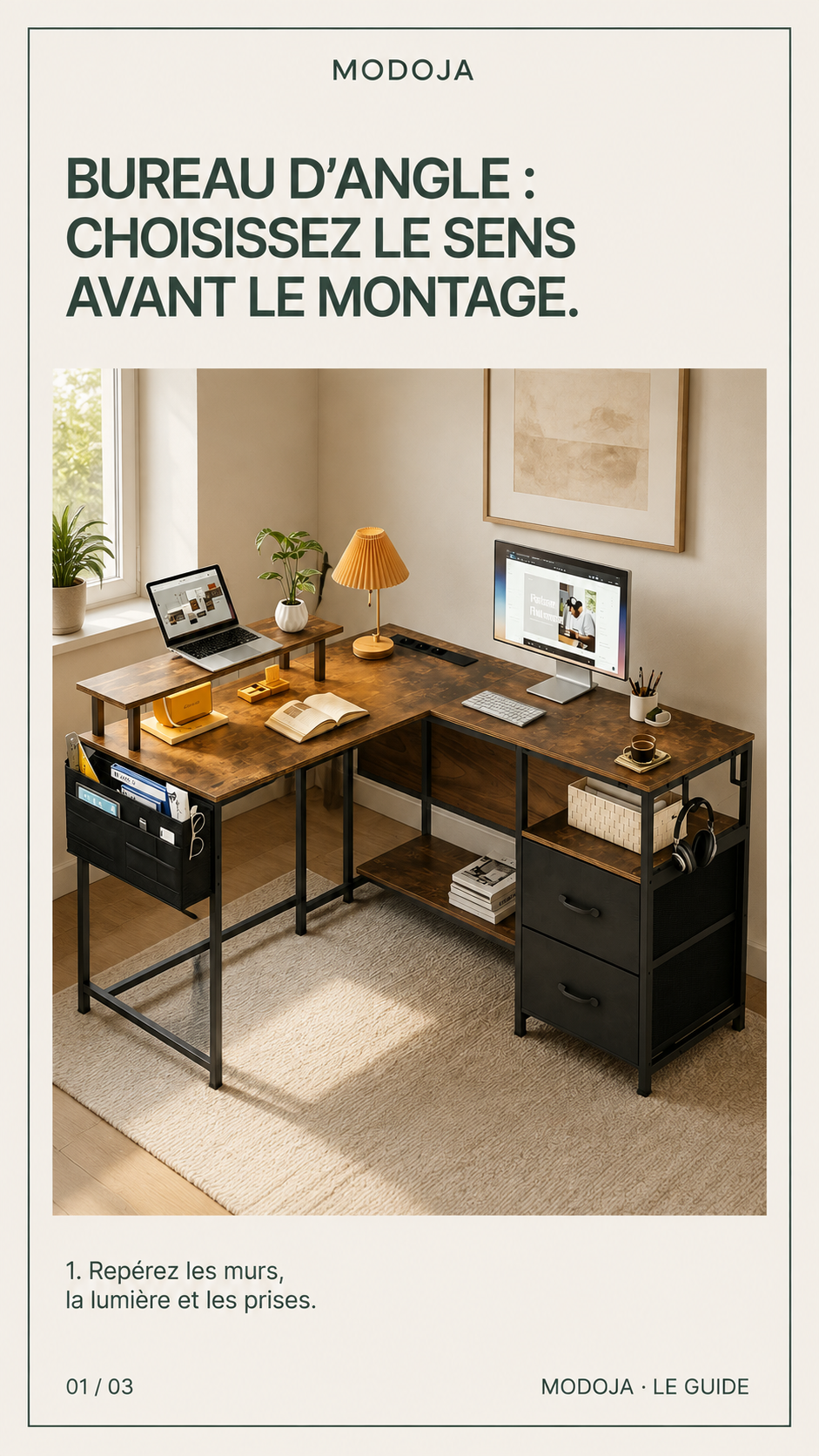 Bureau d’angle réversible LED avec prises et USB : Repérez les murs, la lumière et les prises.