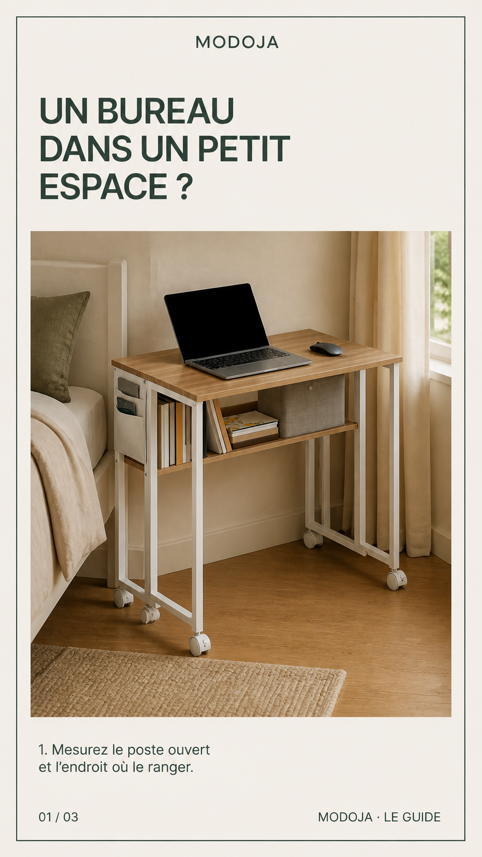 Bureau pliable sur roulettes avec rangement 80 × 50 cm : Mesurez le poste ouvert et l’endroit où le ranger.