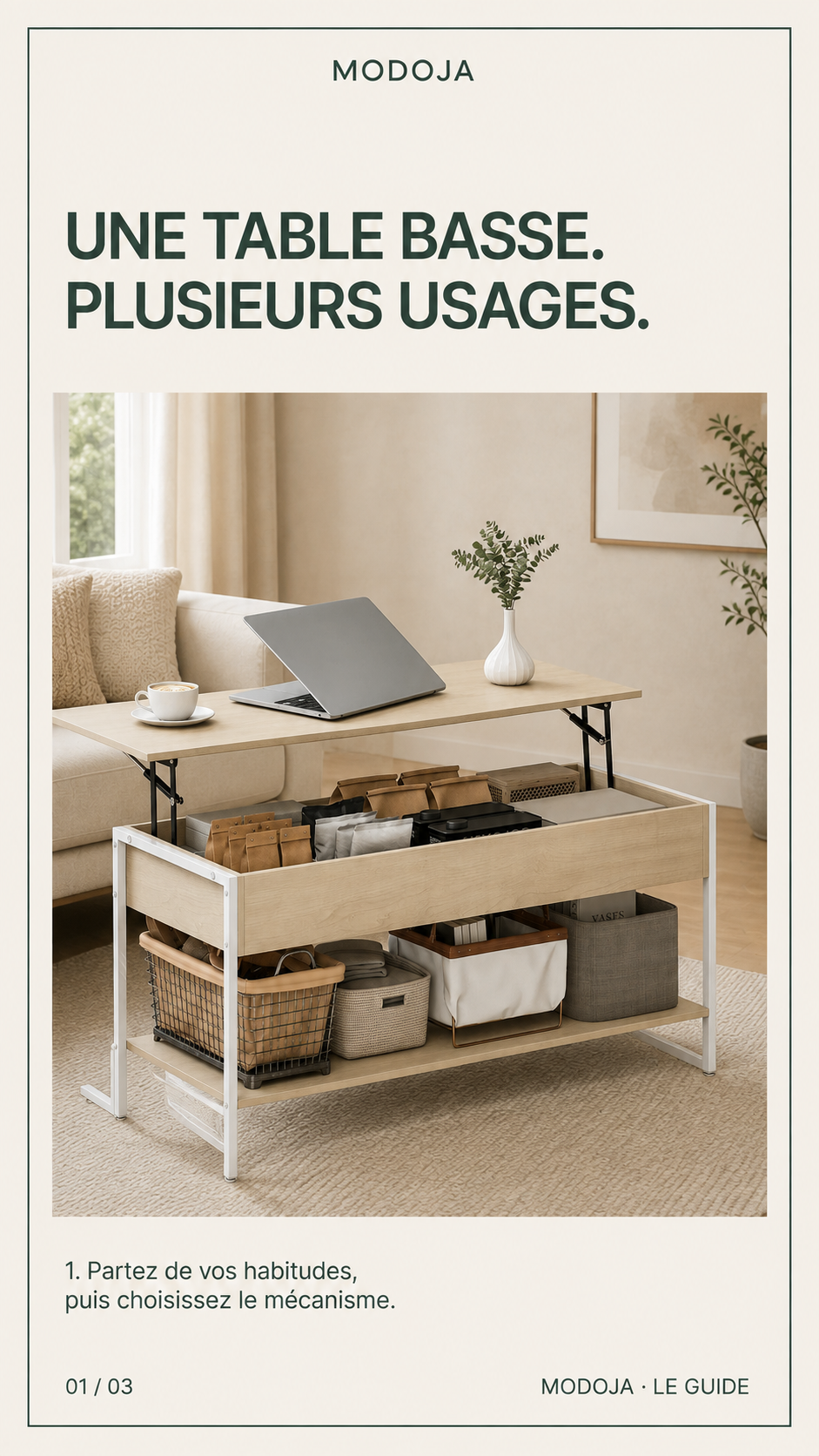Table basse relevable Modoja dans un petit salon : choisir selon ses habitudes.