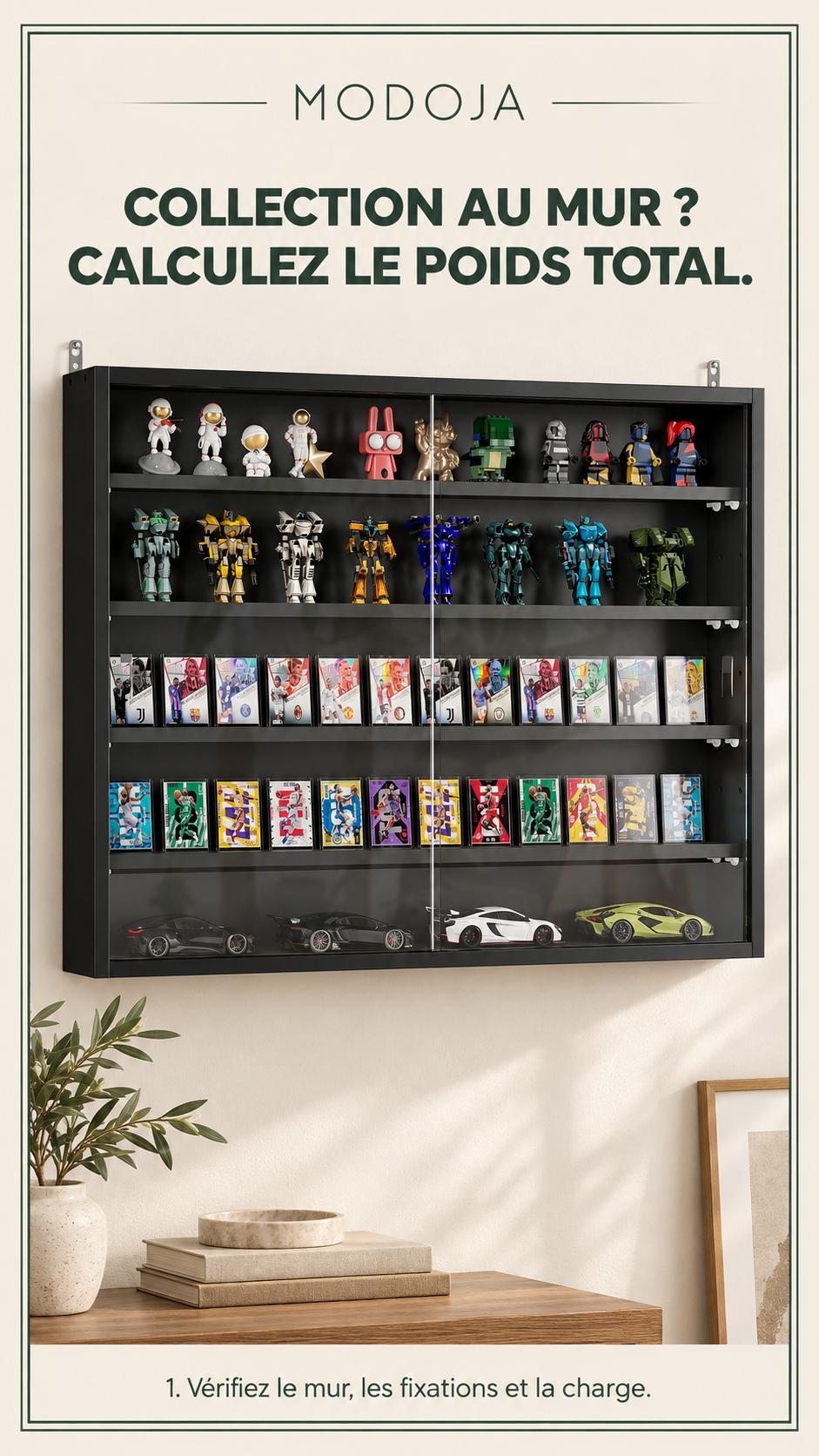 COLLECTION AU MUR ? CALCULEZ LE POIDS TOTAL. — 1. Vérifiez le mur, les fixations et la charge.