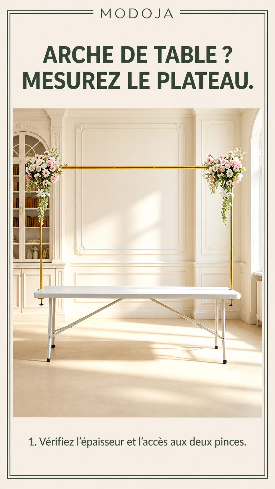ARCHE DE TABLE ? MESUREZ LE PLATEAU. — 1. Vérifiez l’épaisseur et l’accès aux deux pinces.