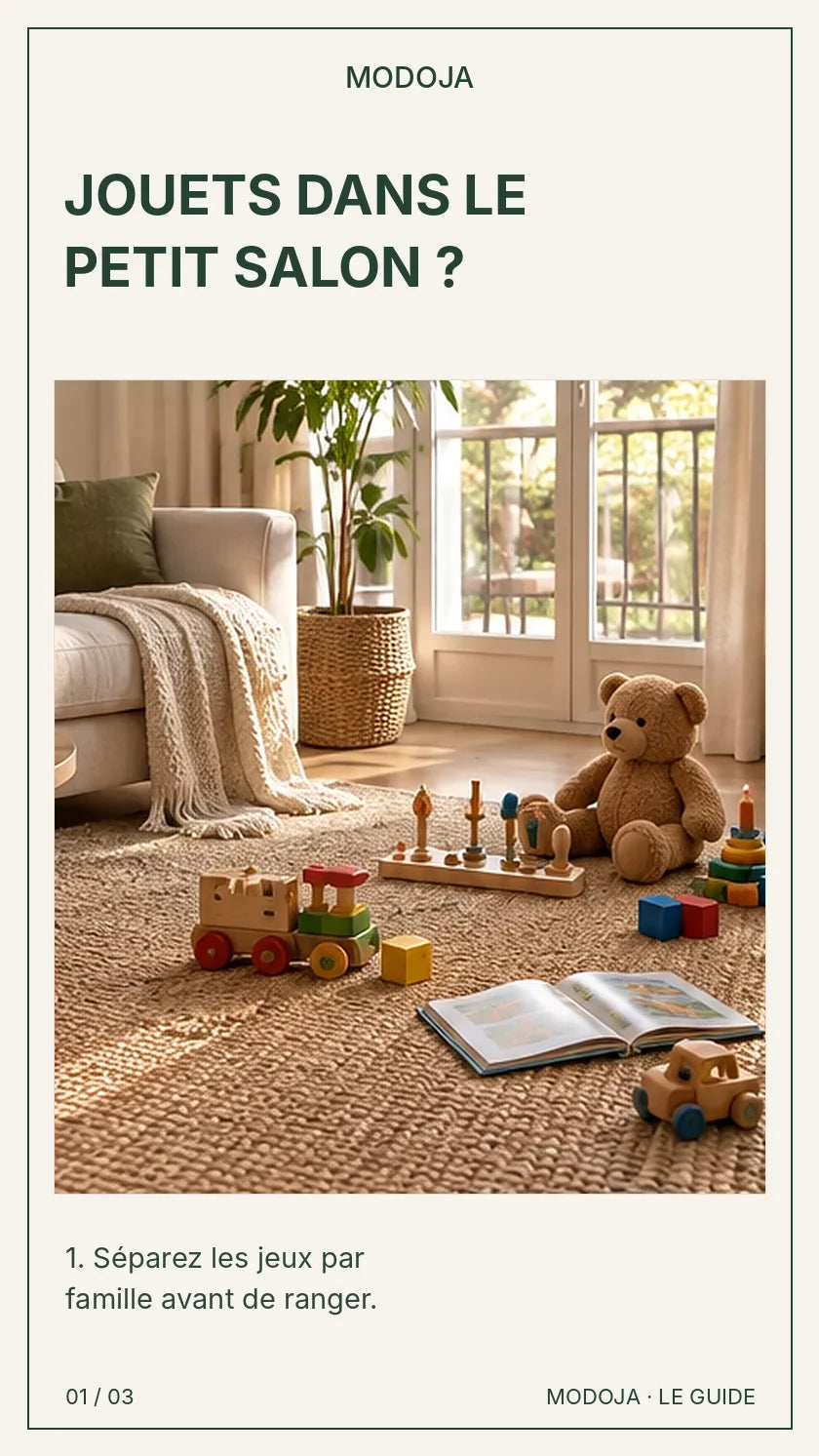 Rangement des jouets dans un petit salon : trier les jeux avant de choisir un coffre