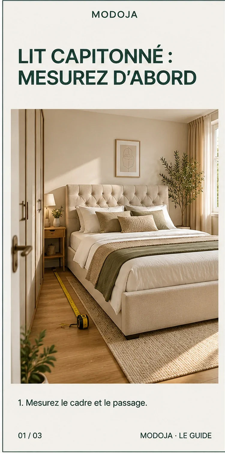 Lit capitonné petite chambre : mesurer cadre de lit et passage autour du couchage