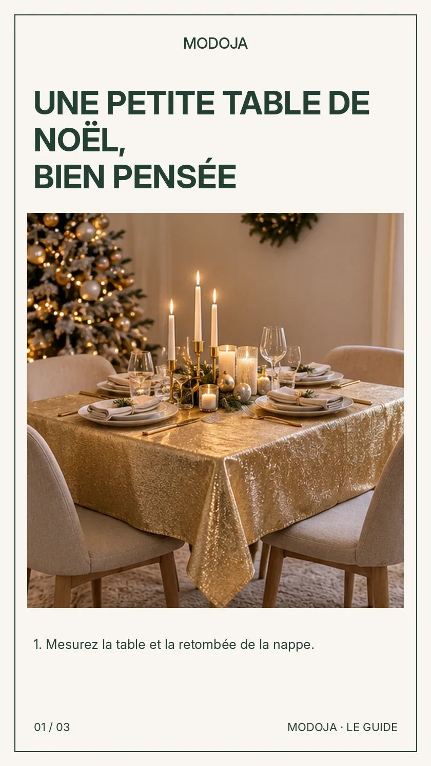 Petite table de Noël dorée : choisir la retombée de nappe et organiser les quatre couverts