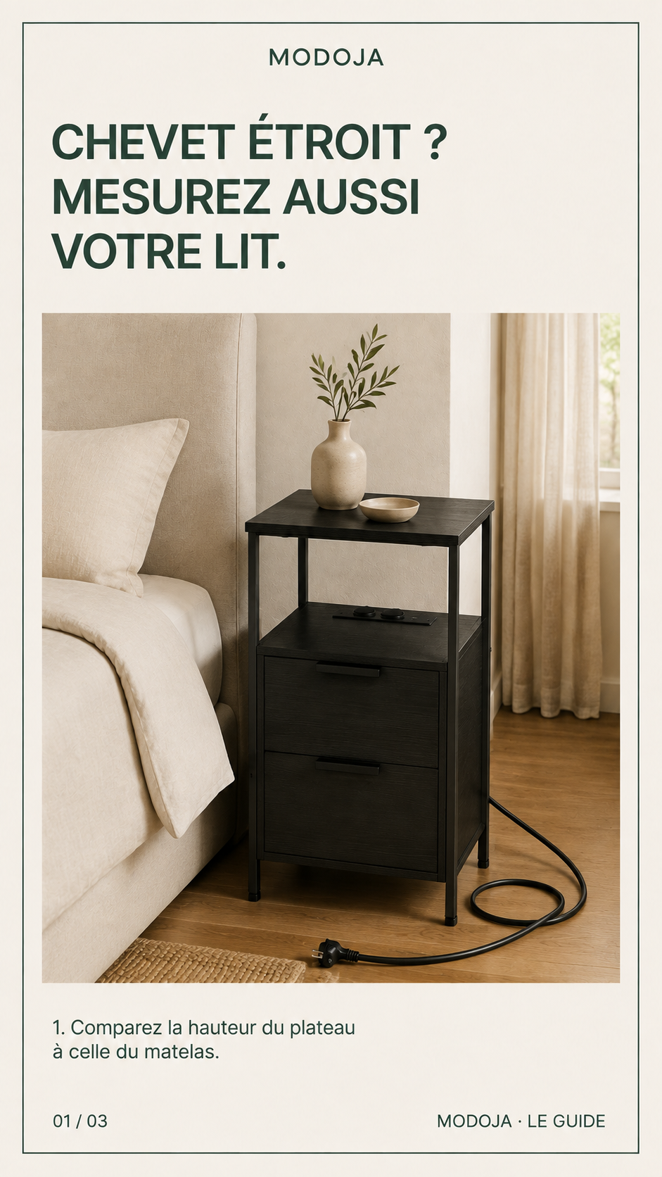 Table de chevet fine avec multiprise et 2 tiroirs : Comparez la hauteur du plateau à celle du matelas.