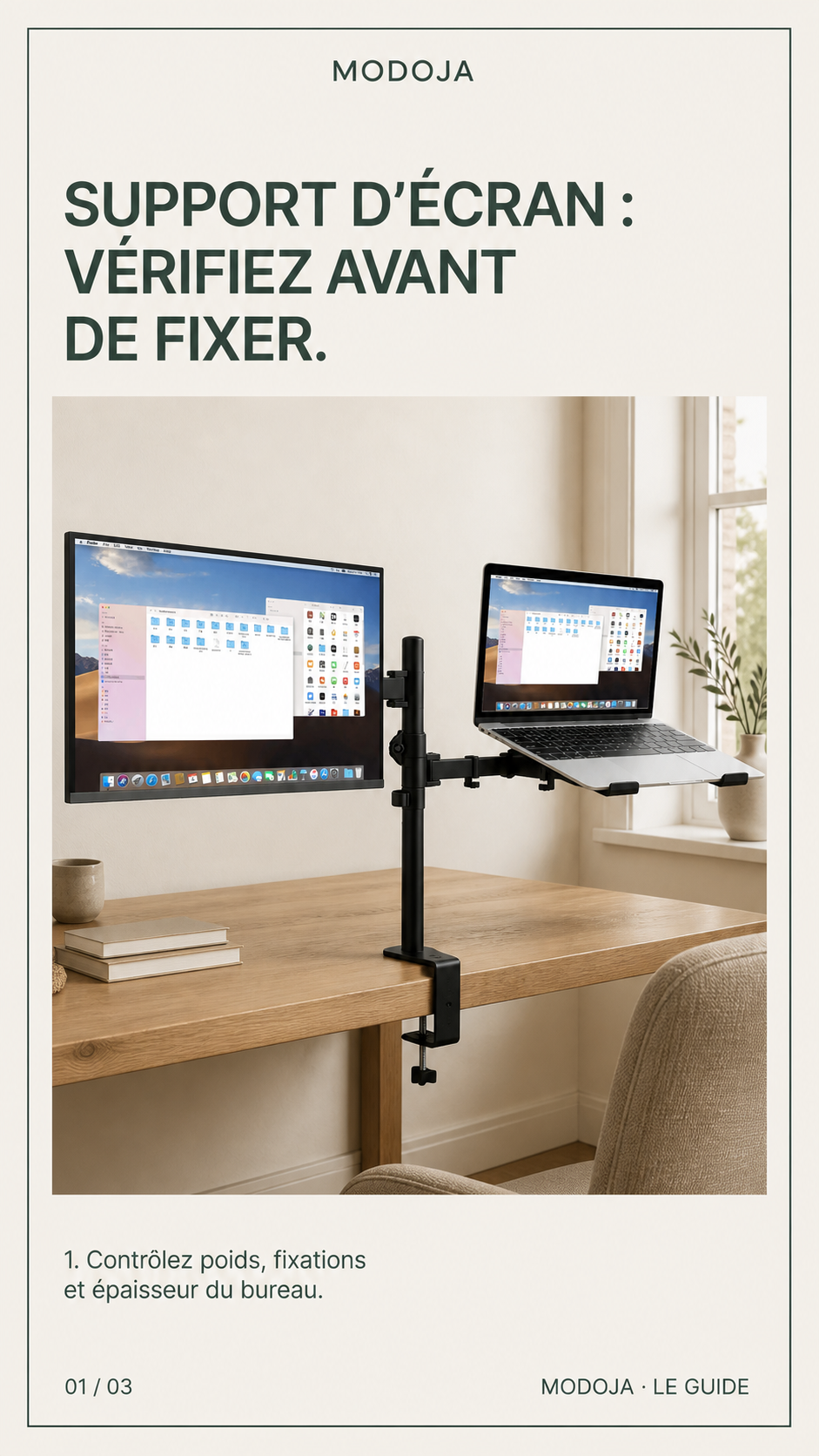 Support double pour écran 13–27 pouces et ordinateur portable : Contrôlez poids, fixations et épaisseur du bureau.