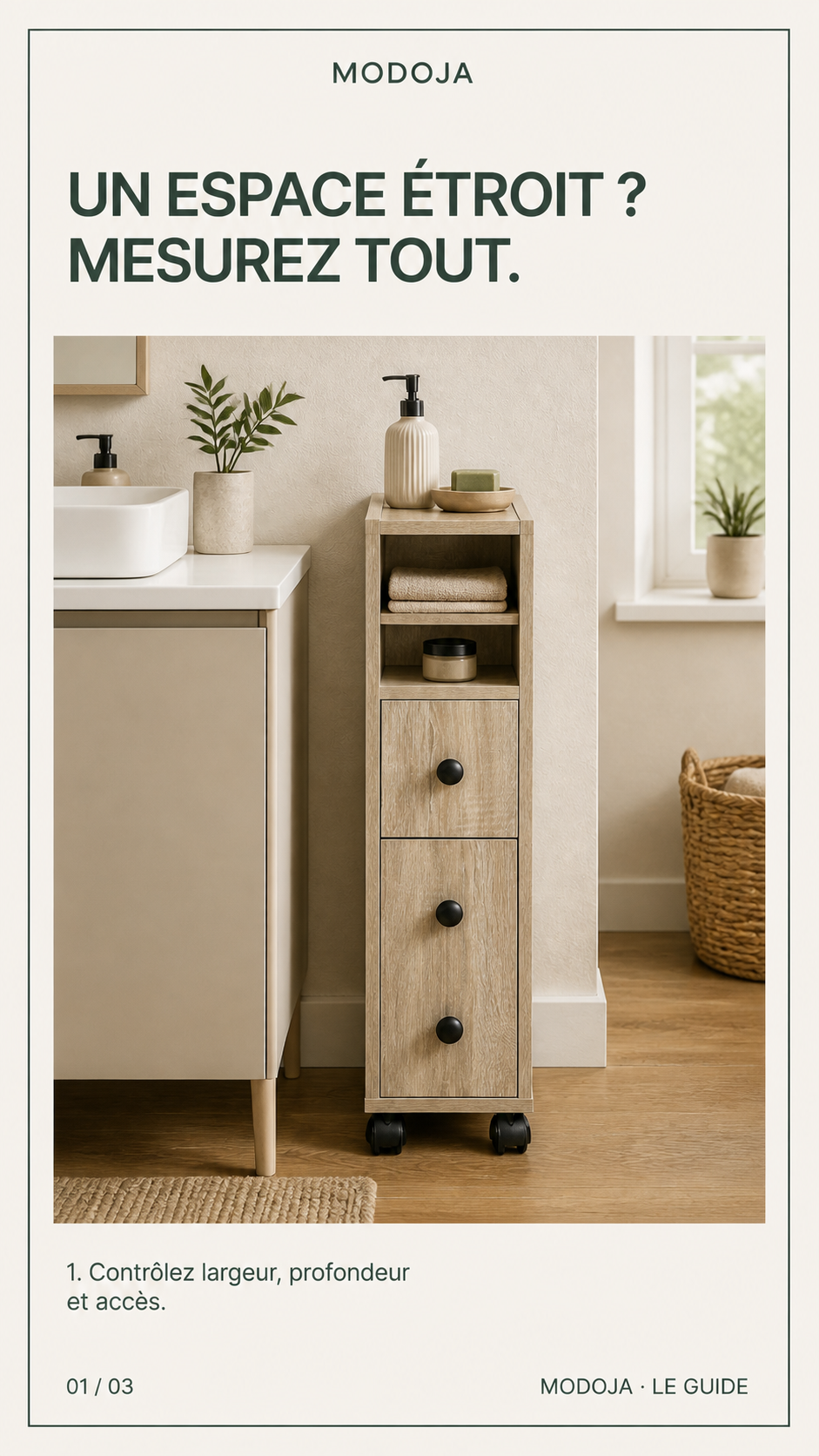 Meuble étroit de salle de bain à roulettes 18 cm : Contrôlez largeur, profondeur et accès.