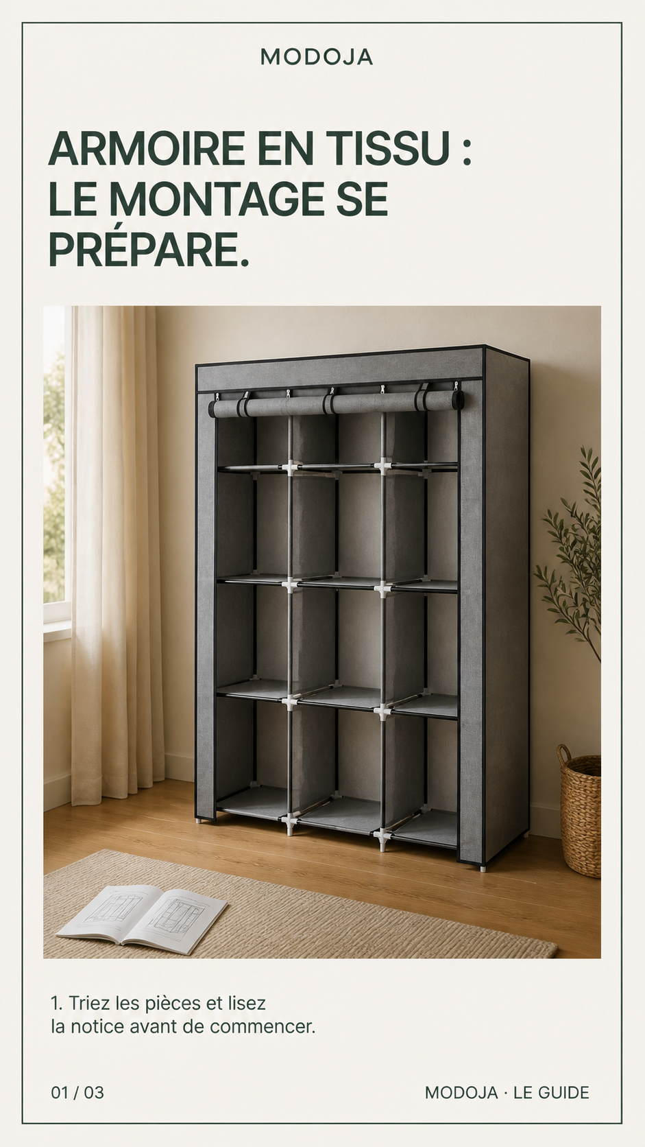 Armoire penderie en tissu – 125 × 43 × 162,5 cm : Triez les pièces et lisez la notice avant de commencer.