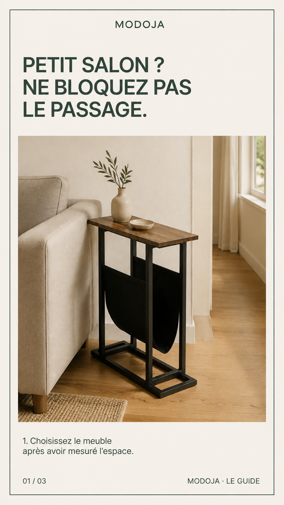 Table d’appoint étroite avec porte-revues – 49 × 19 × 55 cm : Choisissez le meuble après avoir mesuré l’espace.