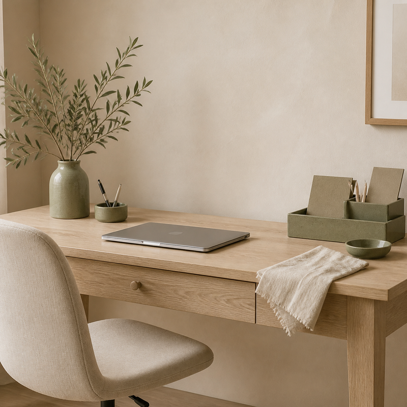 Bureau — ambiance beige, bois clair et vert olive MODOJA
