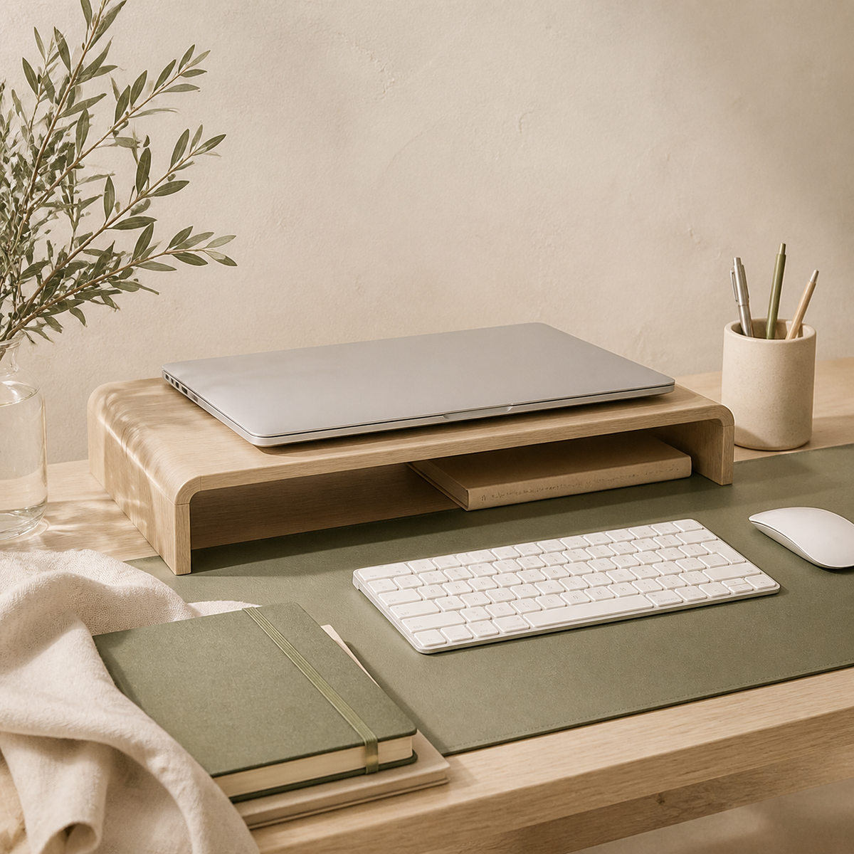 Accessoires de bureau — ambiance beige, bois clair et vert olive MODOJA