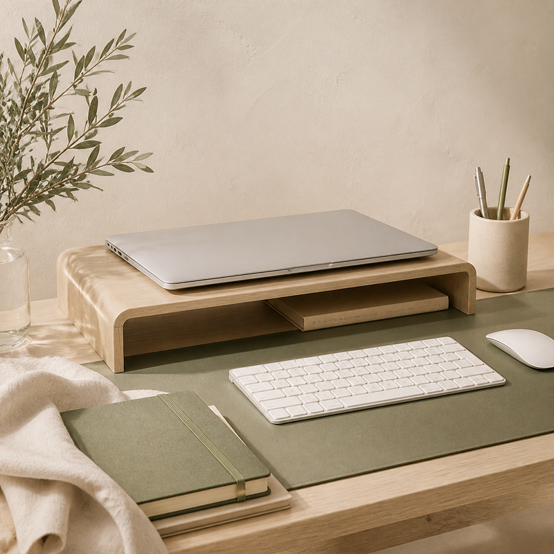 Accessoires de bureau — ambiance beige, bois clair et vert olive MODOJA