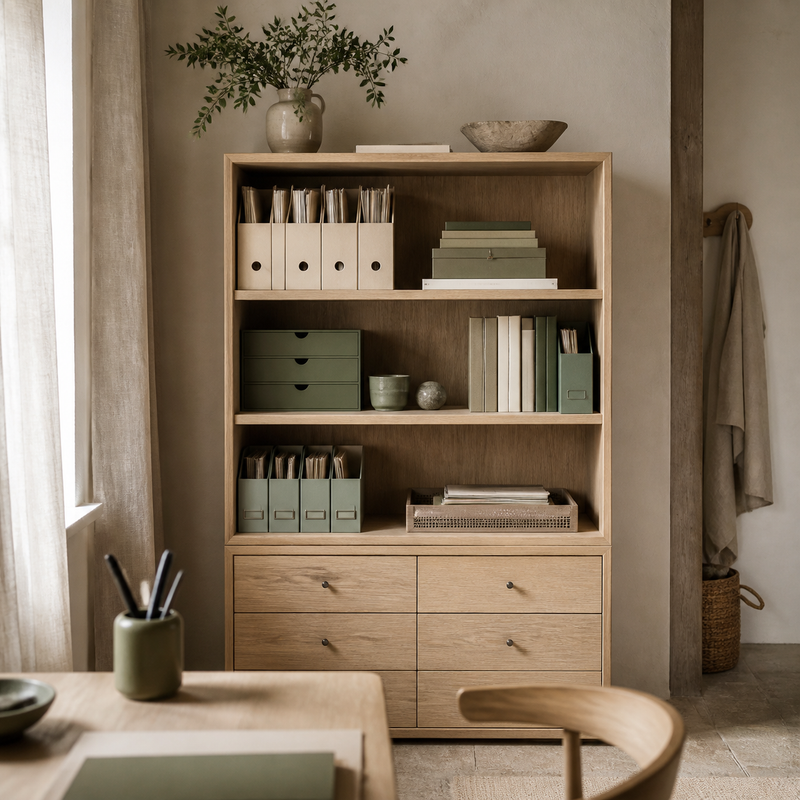 Rangement bureau – mise en scène en tons crème, bois clair et vert olive