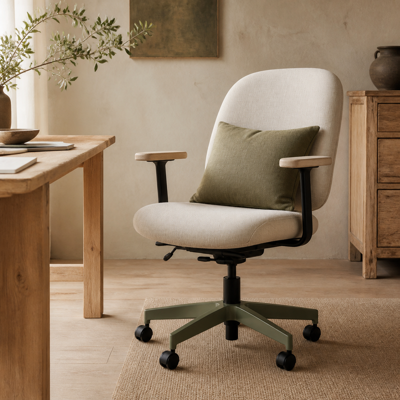 Sièges de bureau – mise en scène en tons crème, bois clair et vert olive