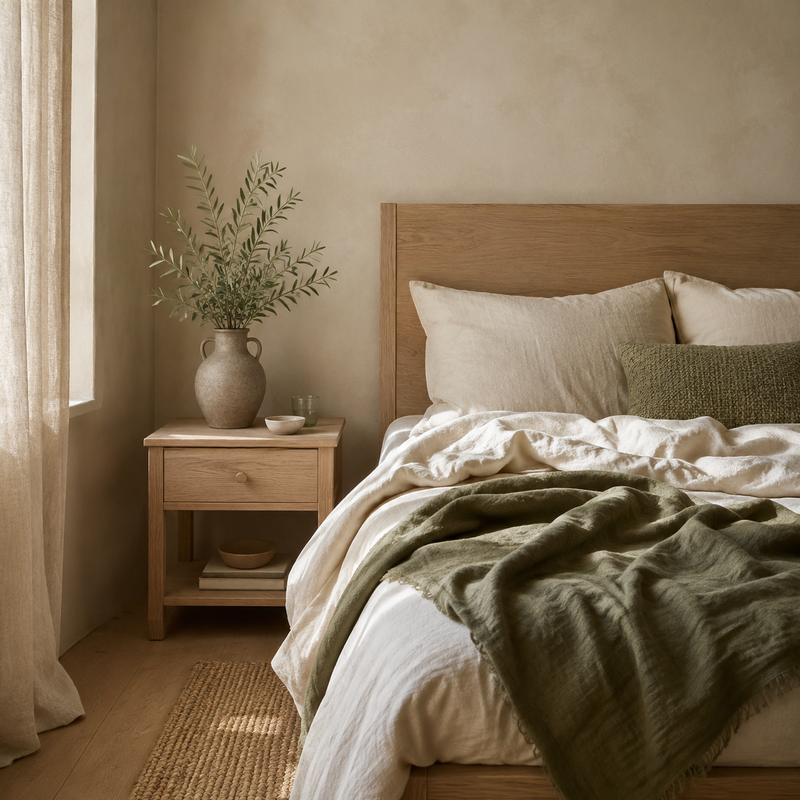 Chambre lumineuse avec lit en bois clair, linge crème et plaid vert olive
