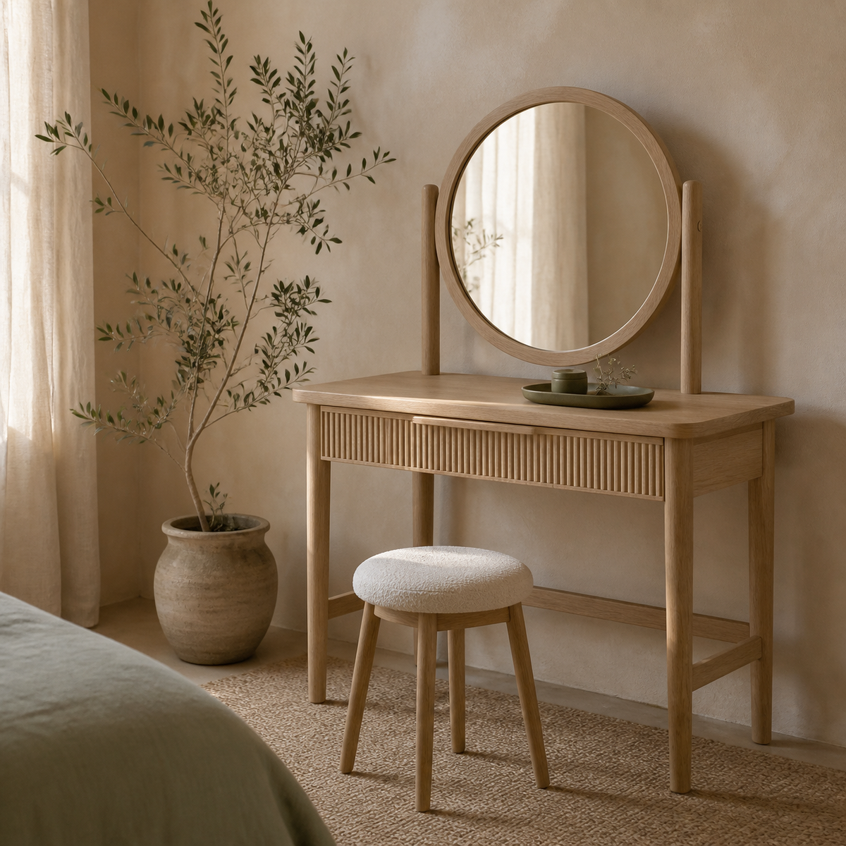 Coiffeuse en bois clair avec miroir rond, petit tabouret crème et plateau olive