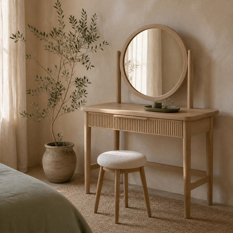 Coiffeuse en bois clair avec miroir rond, petit tabouret crème et plateau olive
