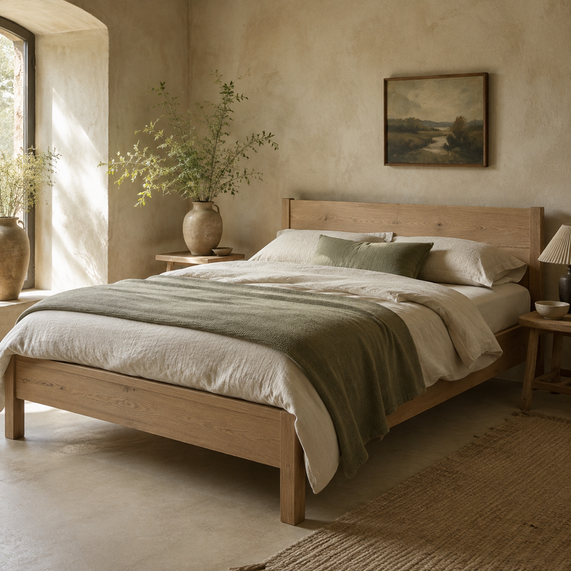 Lits – mise en scène en tons crème, bois clair et vert olive