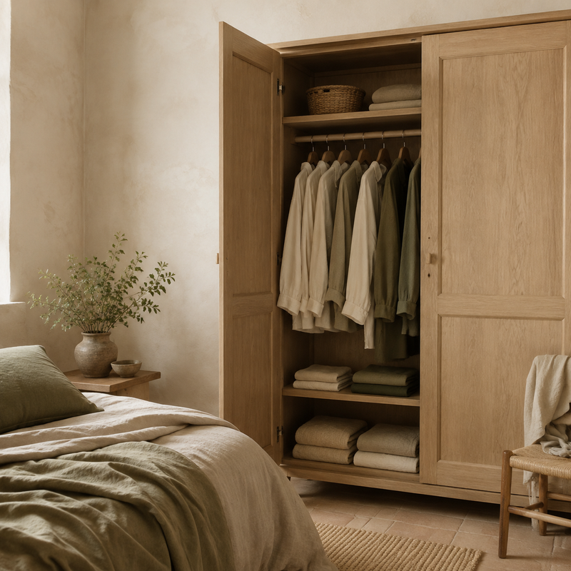 Rangement chambre – mise en scène en tons crème, bois clair et vert olive