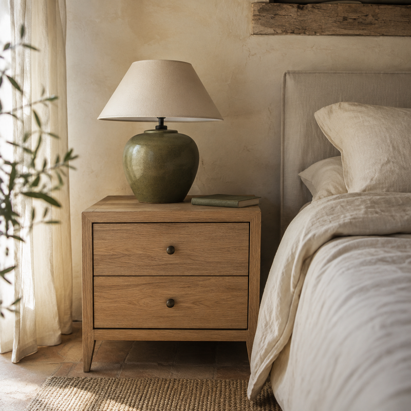 Tables de chevet – mise en scène en tons crème, bois clair et vert olive