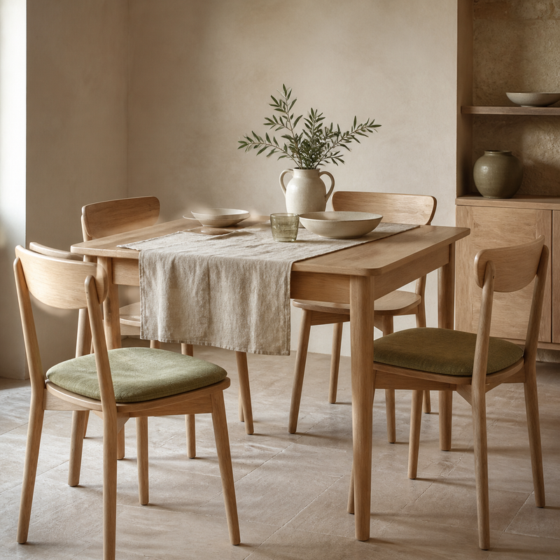 Ensembles repas – mise en scène en tons crème, bois clair et vert olive