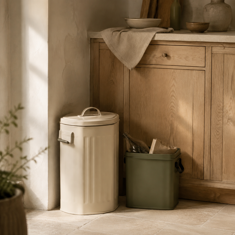 Poubelles – mise en scène en tons crème, bois clair et vert olive