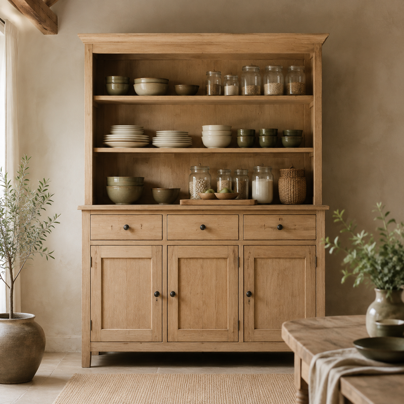 Rangement cuisine – mise en scène en tons crème, bois clair et vert olive