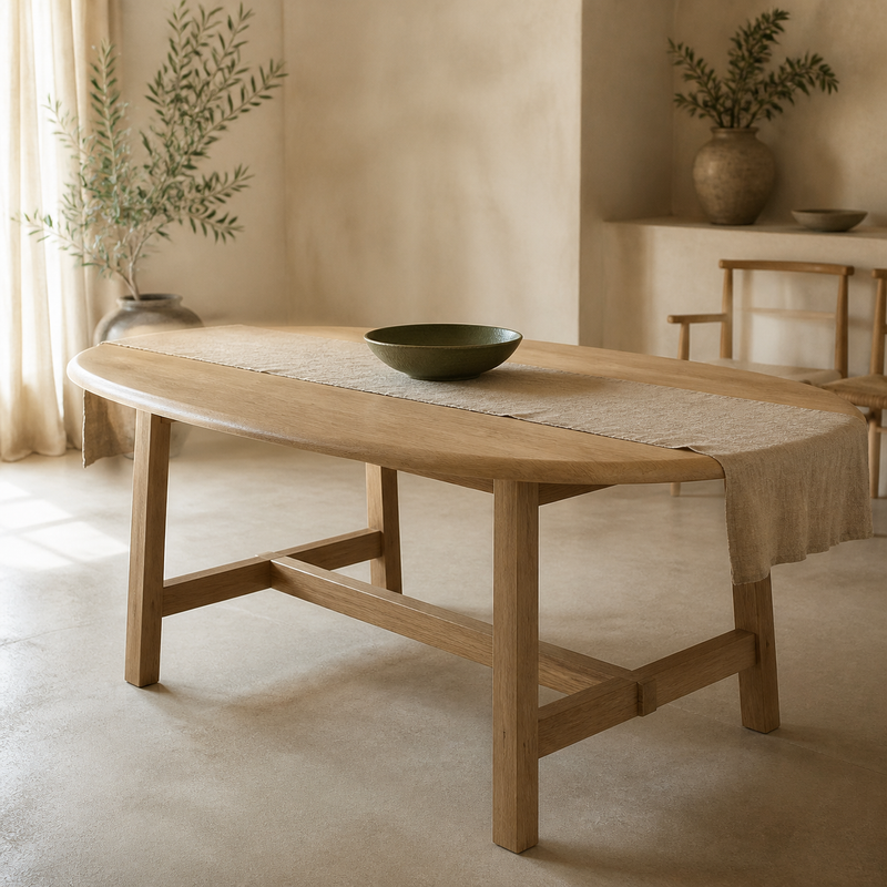 Tables de repas – mise en scène en tons crème, bois clair et vert olive
