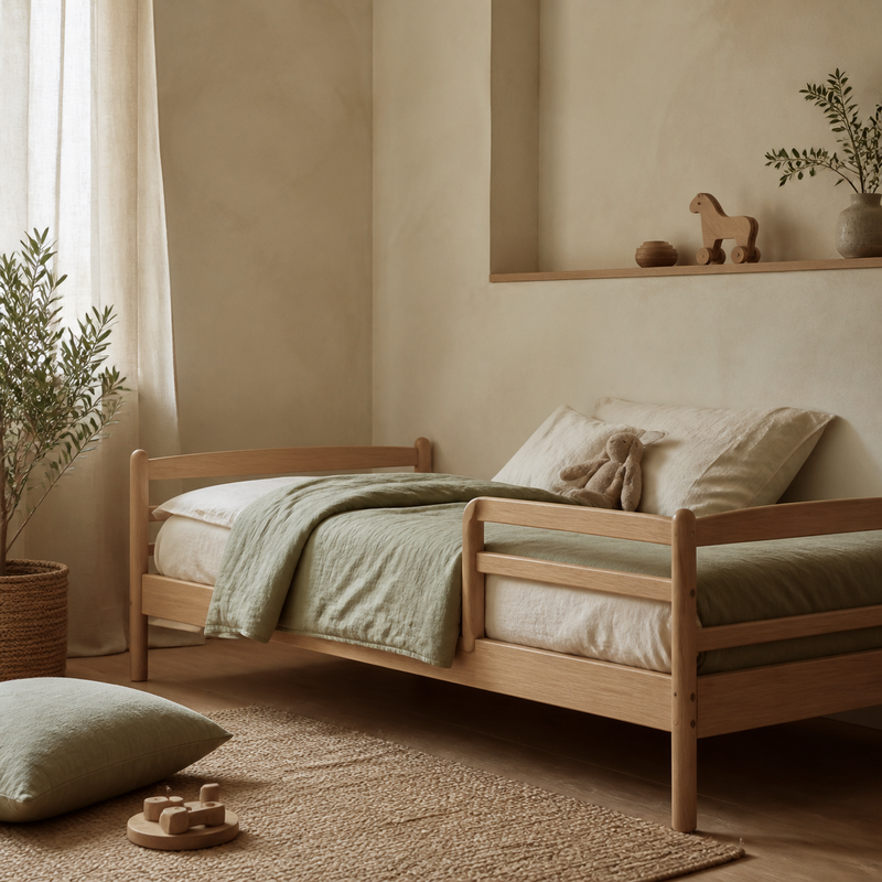 Lits enfant – mise en scène en tons crème, bois clair et vert olive