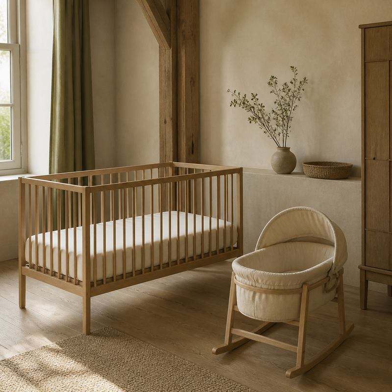 Lits bébé & berceaux – mise en scène en tons crème, bois clair et vert olive