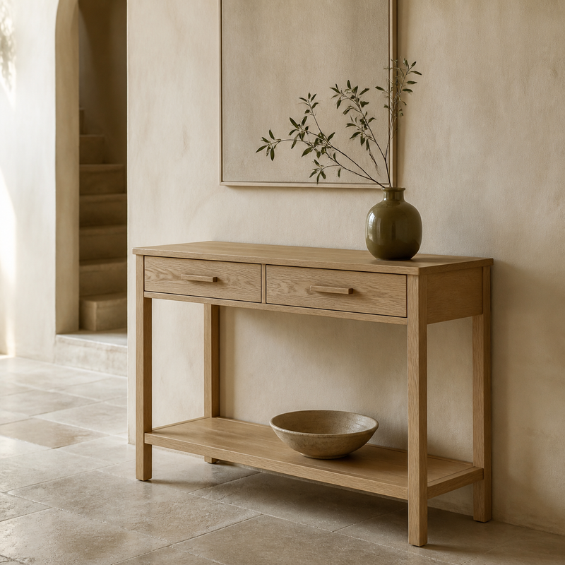 Console étroite en bois clair à deux tiroirs dans une entrée crème