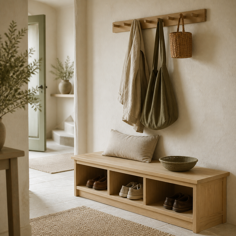 Entrée & rangement – mise en scène en tons crème, bois clair et vert olive