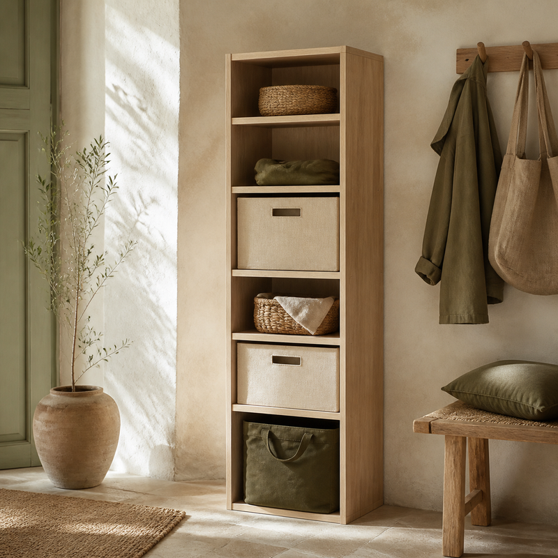 Rangement polyvalent – mise en scène en tons crème, bois clair et vert olive
