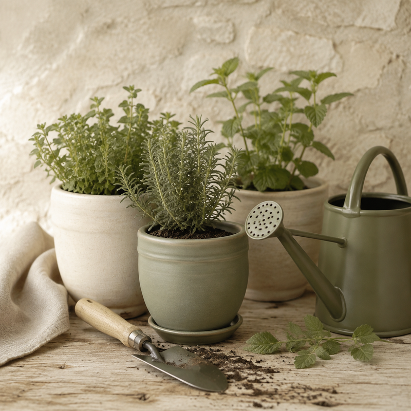 Jardinage & plantes – mise en scène en tons crème, bois clair et vert olive