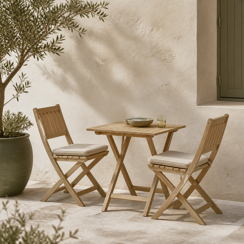 Mobilier extérieur – mise en scène en tons crème, bois clair et vert olive