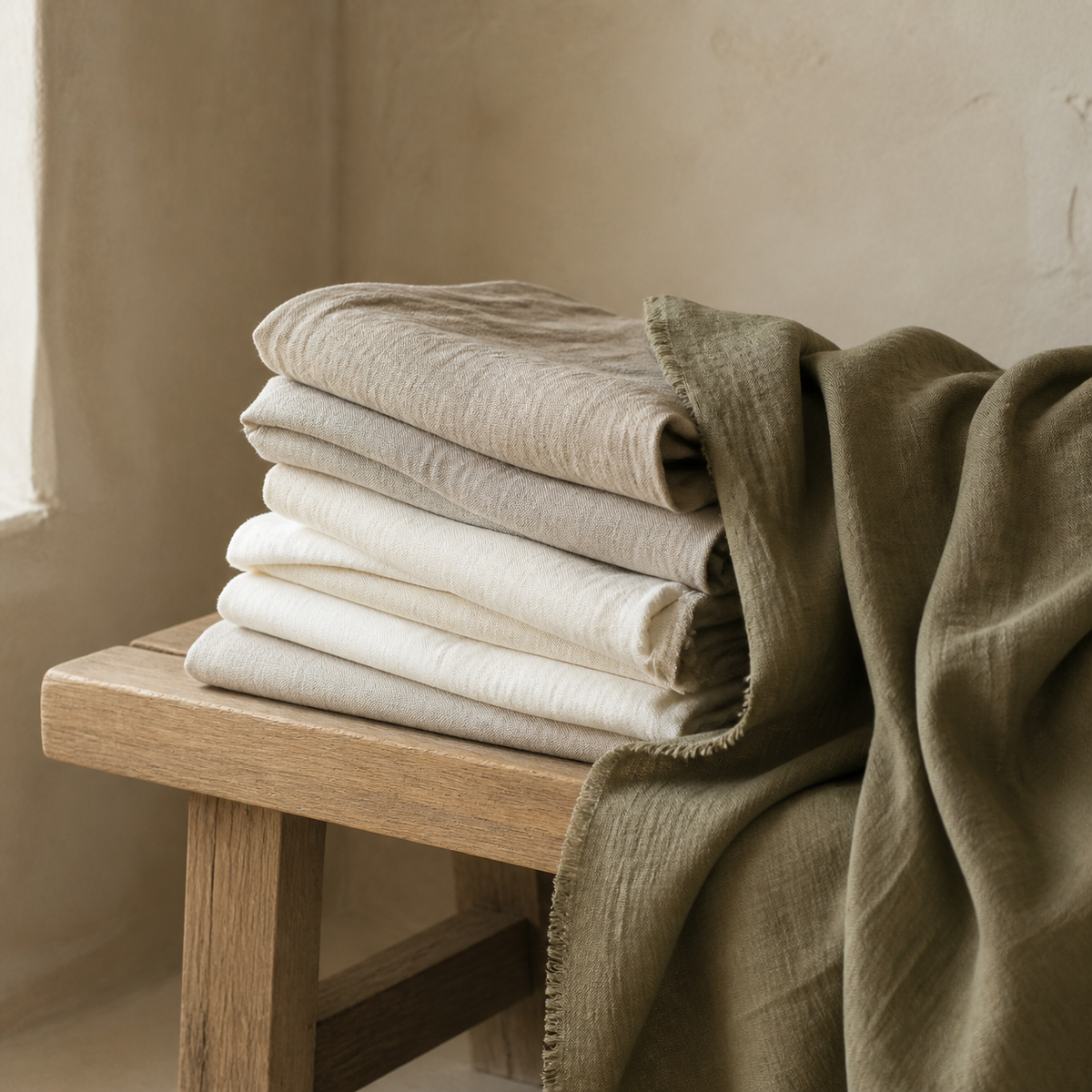 Linge & Textiles – mise en scène en tons crème, bois clair et vert olive