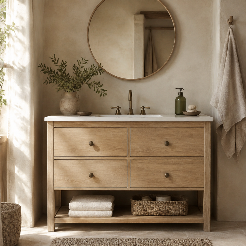Meubles de salle de bain – mise en scène en tons crème, bois clair et vert olive