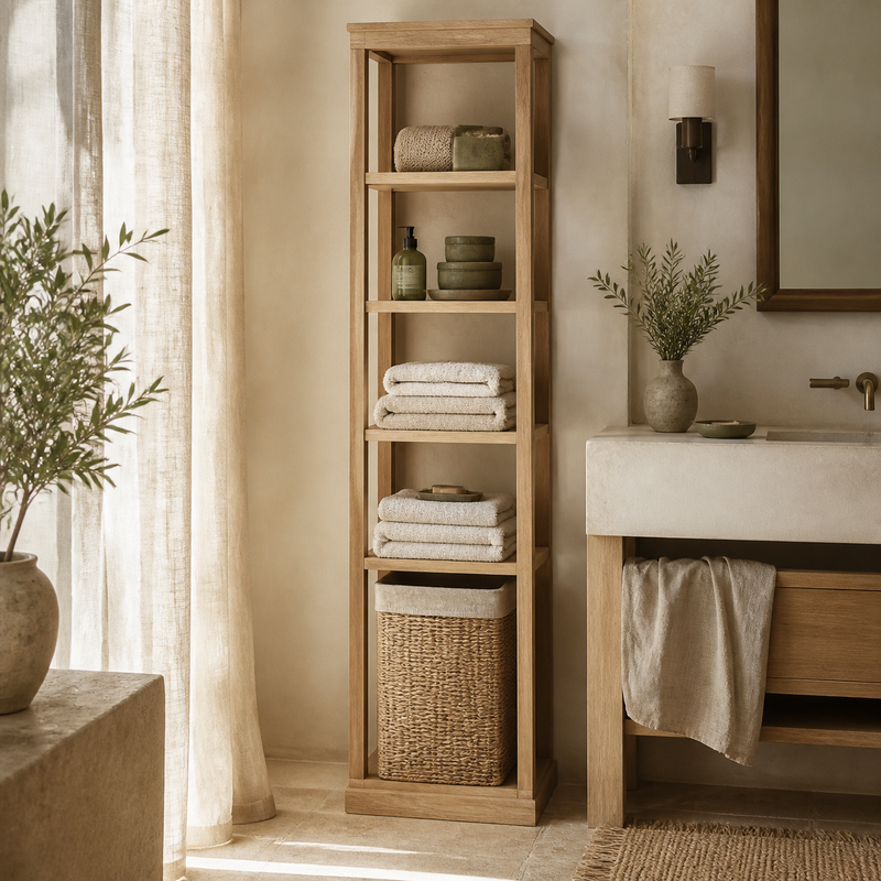 Rangement salle de bain – mise en scène en tons crème, bois clair et vert olive
