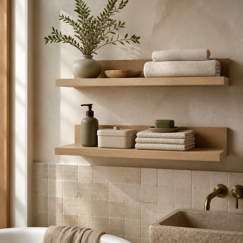 Rangement mural – mise en scène en tons crème, bois clair et vert olive