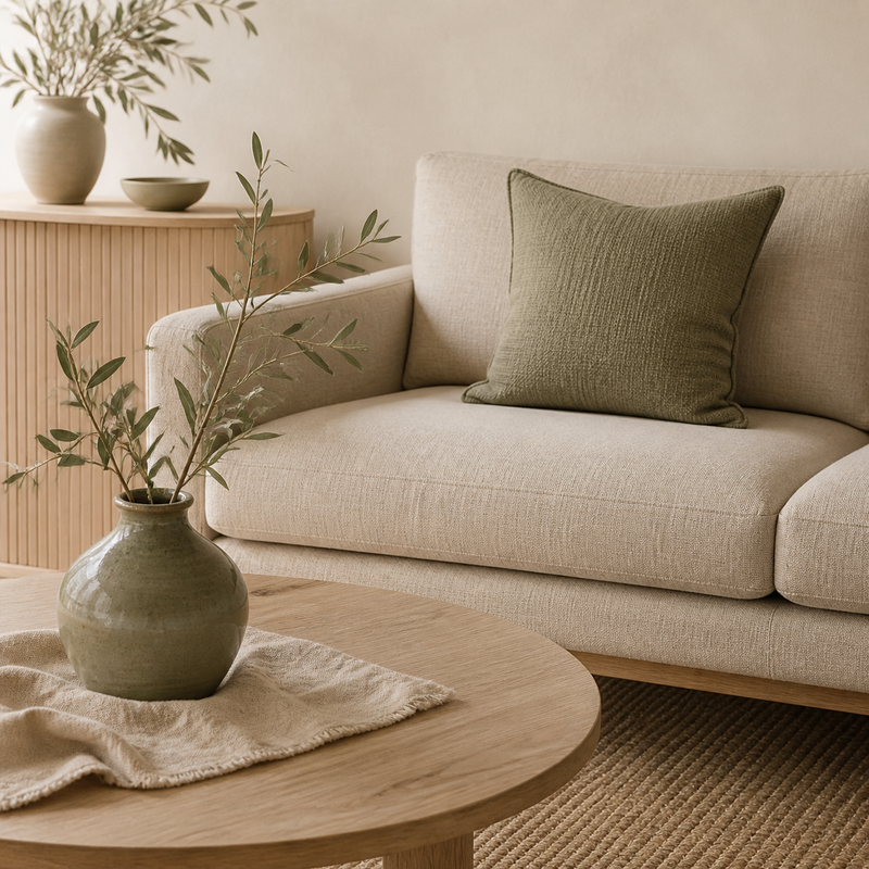 Salon chaleureux avec canapé beige, coussin olive et table basse en bois clair