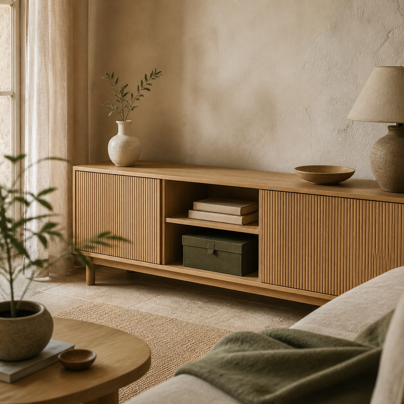 Rangement salon – mise en scène en tons crème, bois clair et vert olive