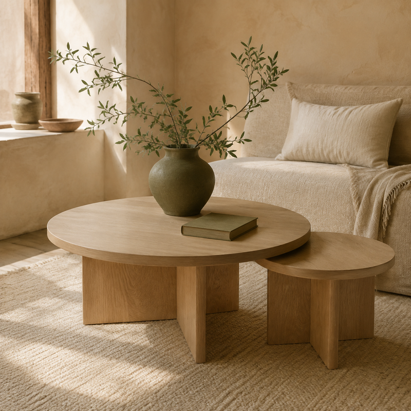 Tables de salon – mise en scène en tons crème, bois clair et vert olive
