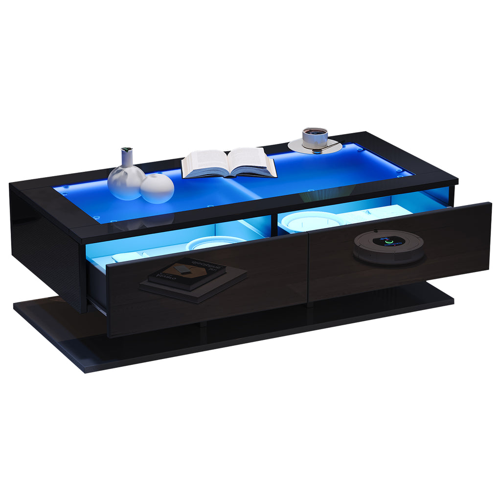 Table basse LED noire avec tiroirs 100 × 50 cm