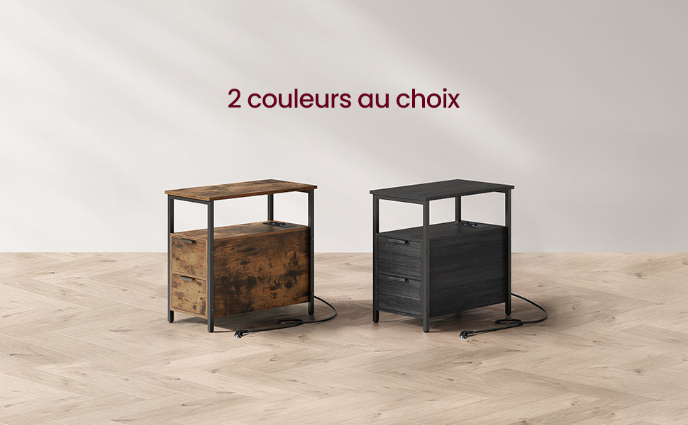 Table de chevet fine avec multiprise et 2 tiroirs