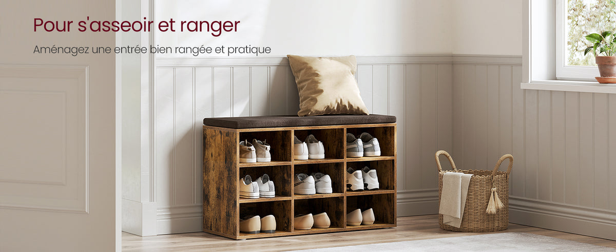Banc à chaussures avec neuf cases et assise rembourrée, illustration 7