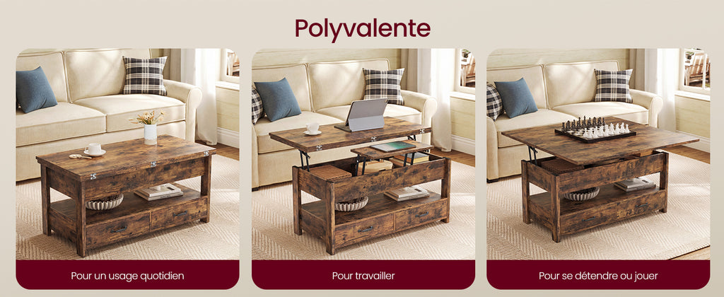 Table basse relevable à vérin avec 2 tiroirs