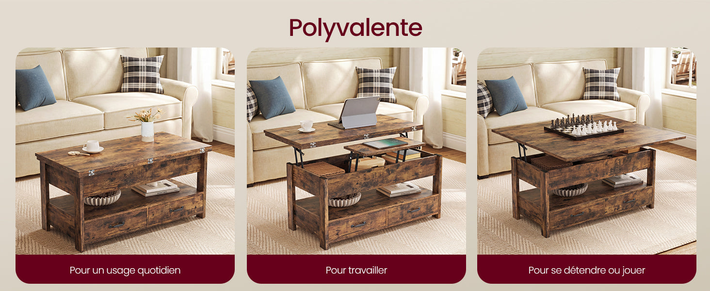 Table basse relevable à vérin avec 2 tiroirs