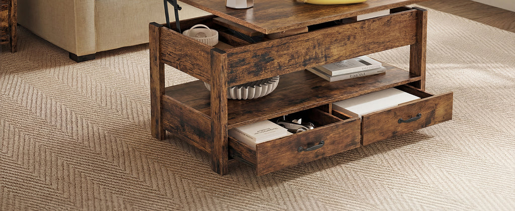Table basse relevable à vérin avec 2 tiroirs