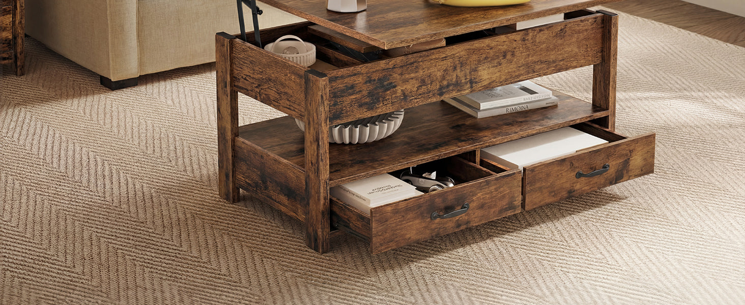 Table basse relevable à vérin avec 2 tiroirs