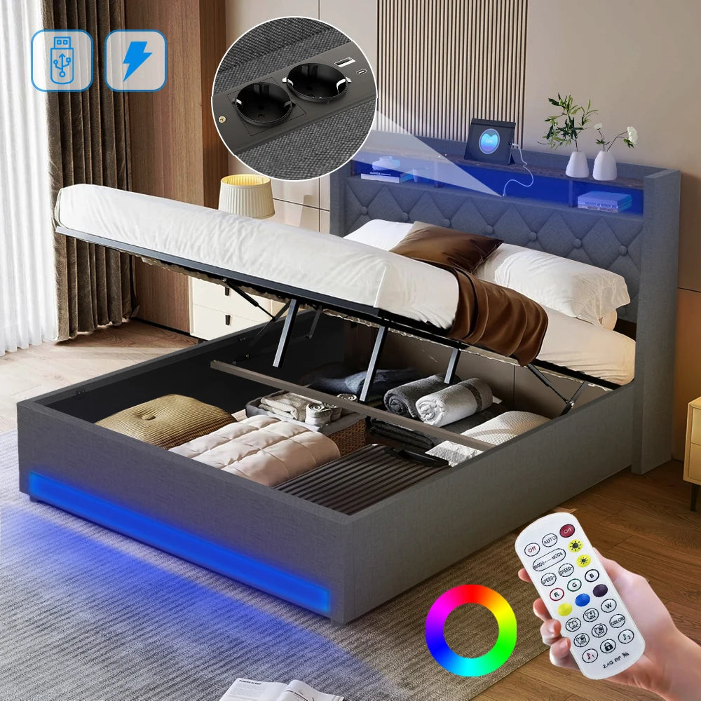 Lit coffre 140 × 190 cm avec LED et ports USB